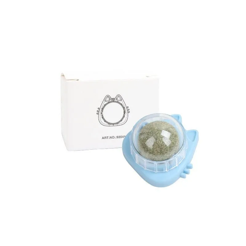 Colourful rotating catnip ball wall toy with edible mint material in cat face shape