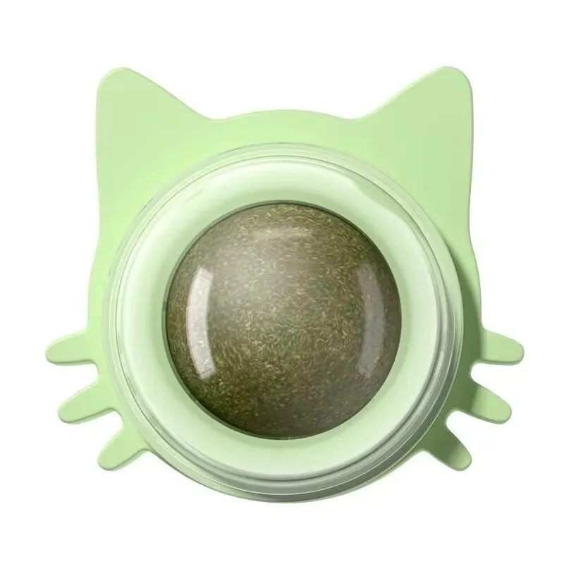 Colourful rotating catnip ball wall toy with edible mint material in cat face shape