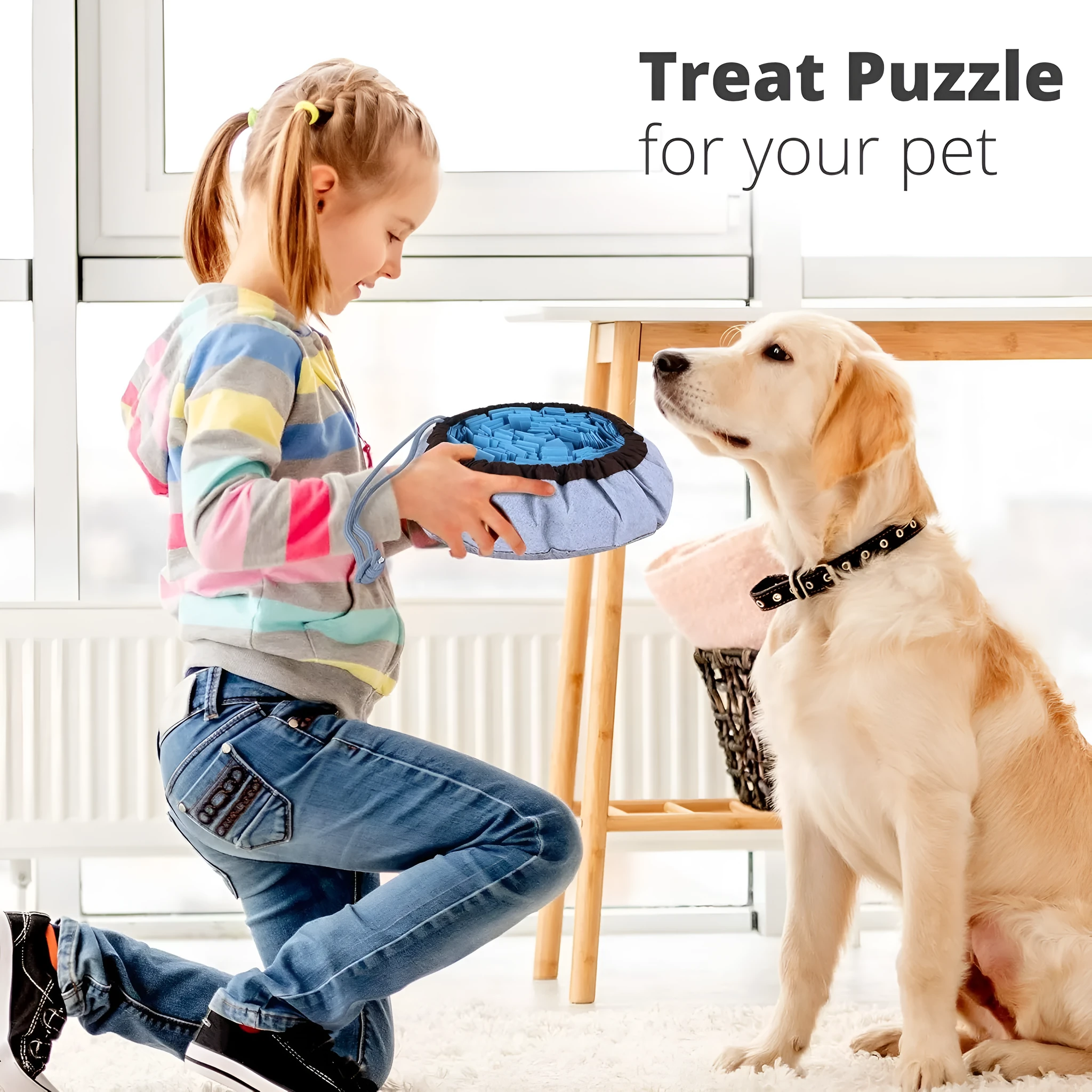 Blue adjustable snuffle mat for large dogs with multiple hide pockets for slow feeding and enrichment