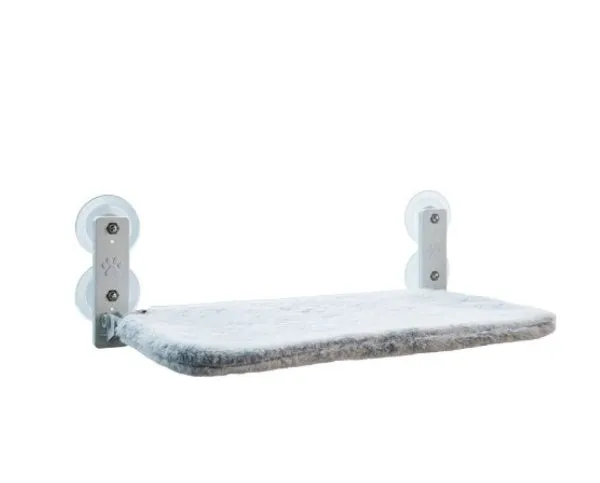 Cordless cat hammock window perch with gray plush fabric, folded on a windowsill