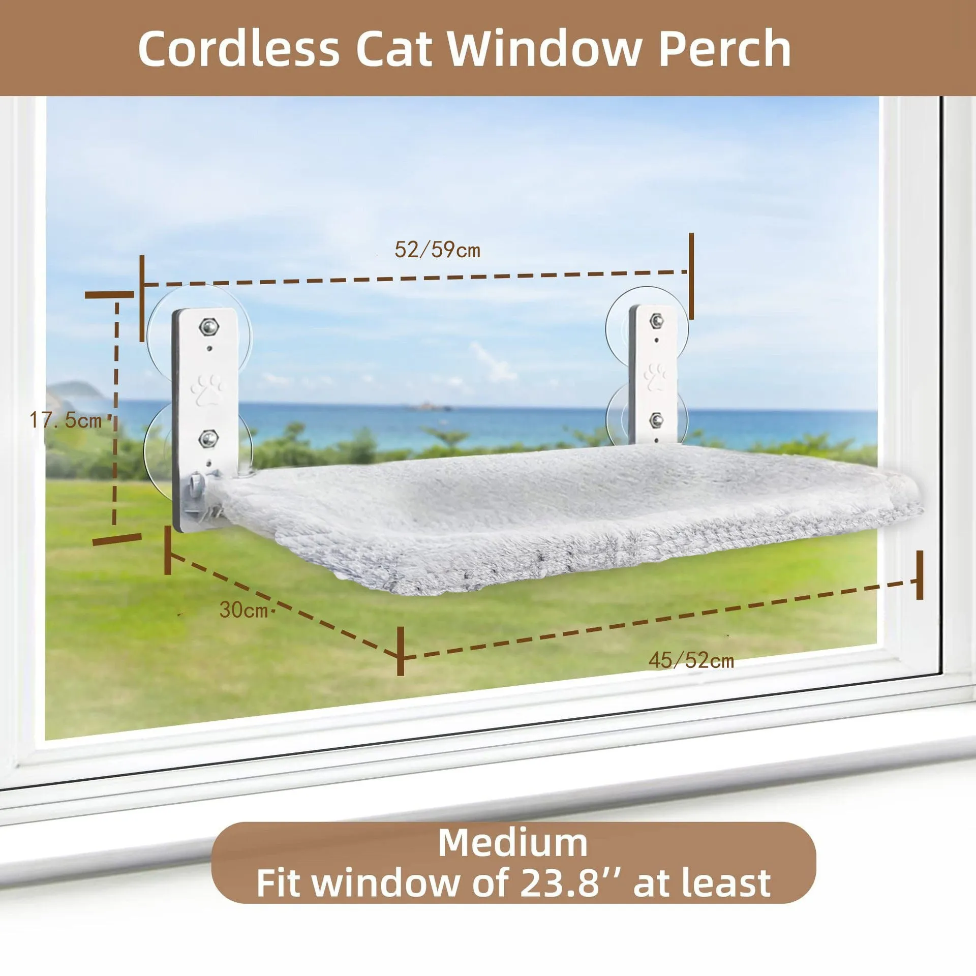 Cordless cat hammock window perch with gray plush fabric, folded on a windowsill