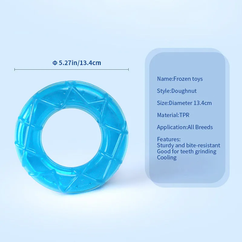 Blue and pink dog cooling toy set with water-filled pacifier, popsicle and ring toys