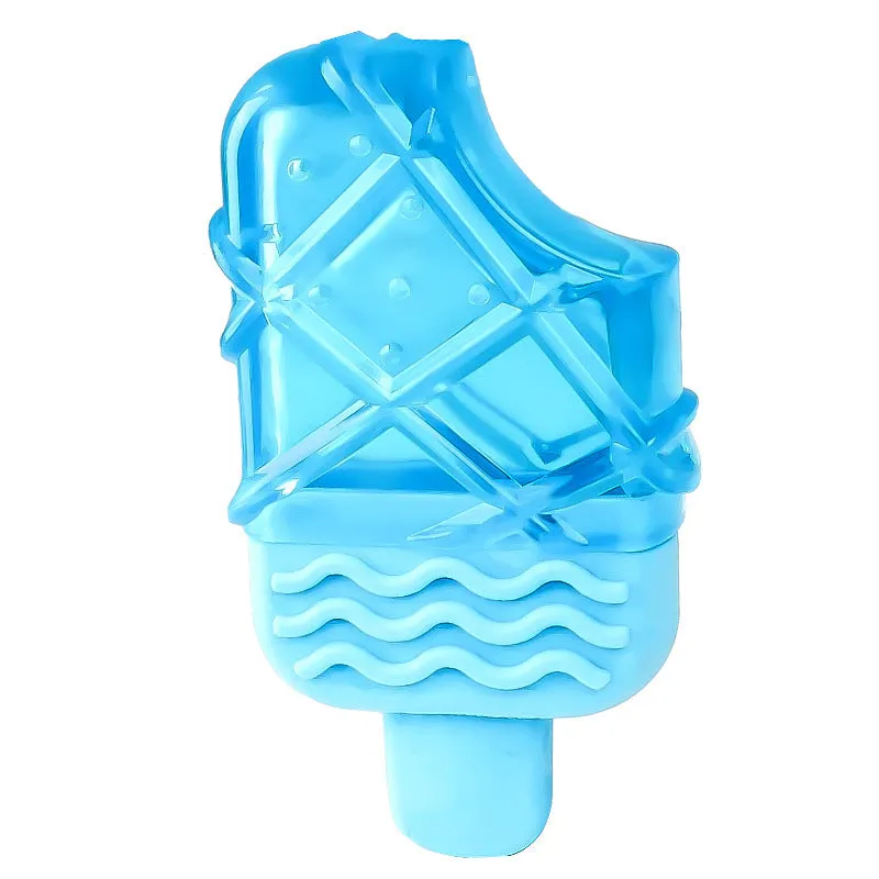 Blue and pink dog cooling toy set with water-filled pacifier, popsicle and ring toys