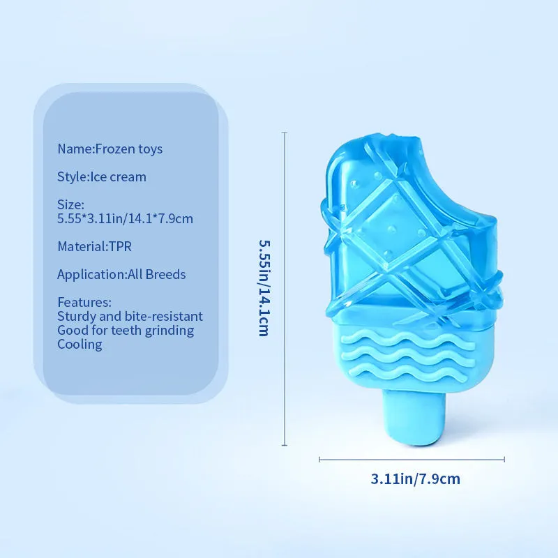 Blue and pink dog cooling toy set with water-filled pacifier, popsicle and ring toys
