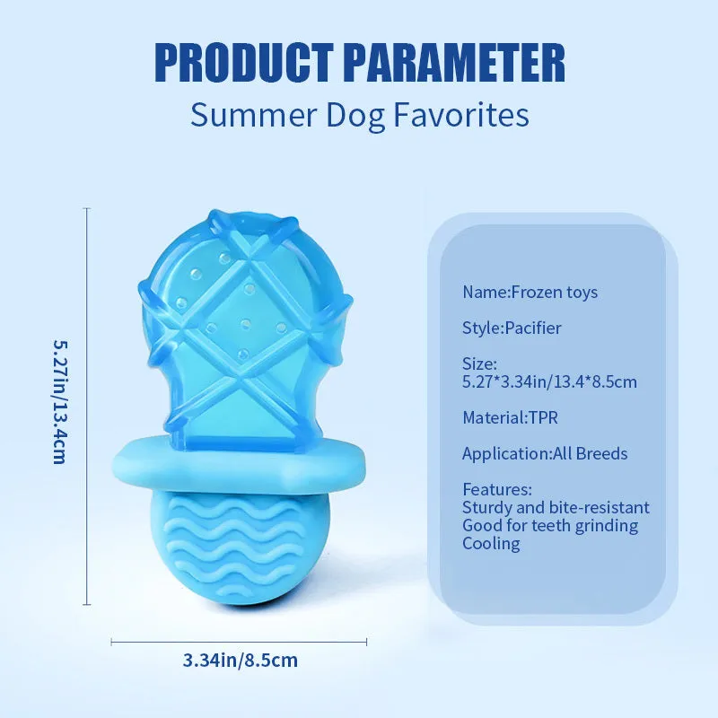 Blue and pink dog cooling toy set with water-filled pacifier, popsicle and ring toys