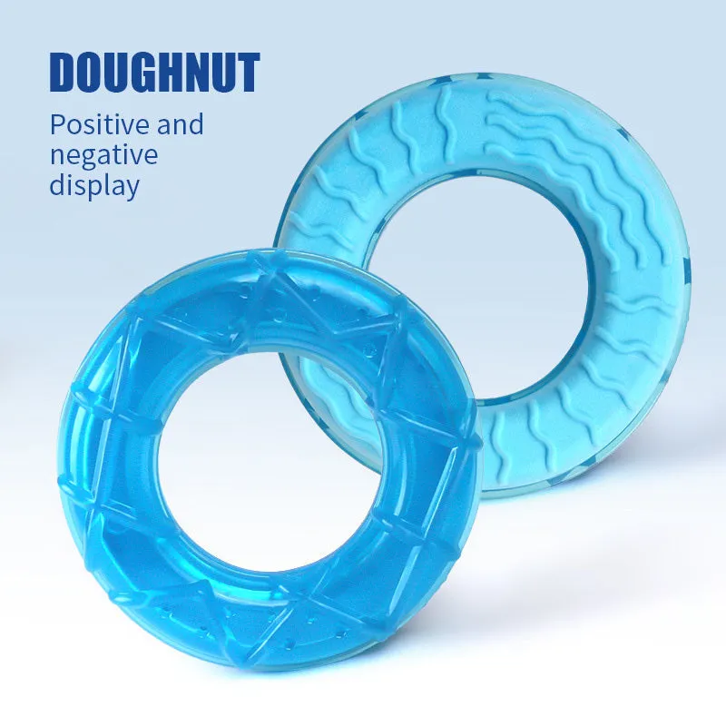 Blue and pink dog cooling toy set with water-filled pacifier, popsicle and ring toys