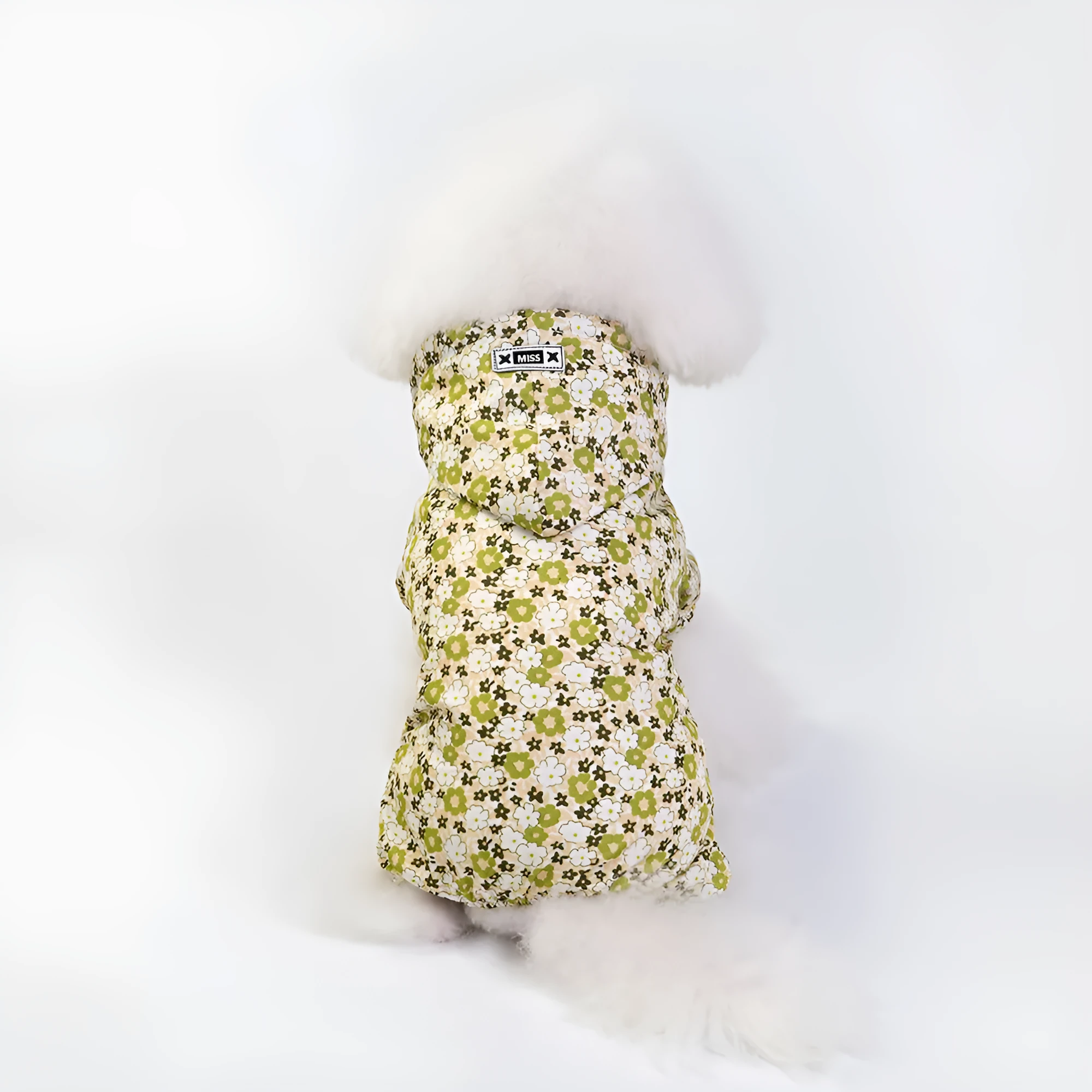 Waterproof dog raincoat in pink, four-legged jumpsuit style, on a small dog
