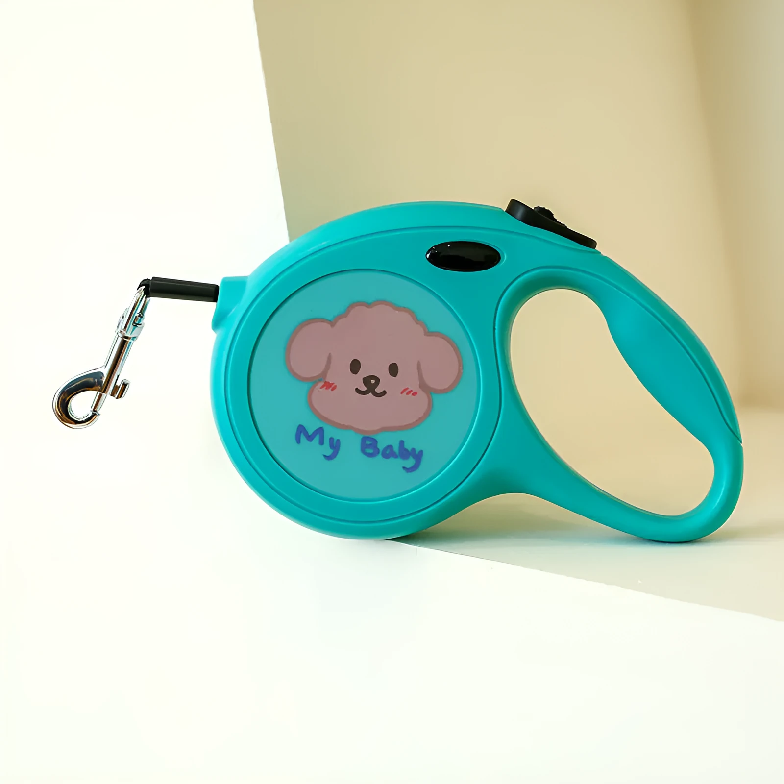 Plastic retractable dog leash 5 metres long cartoon design in blue, pink, and yellow colours
