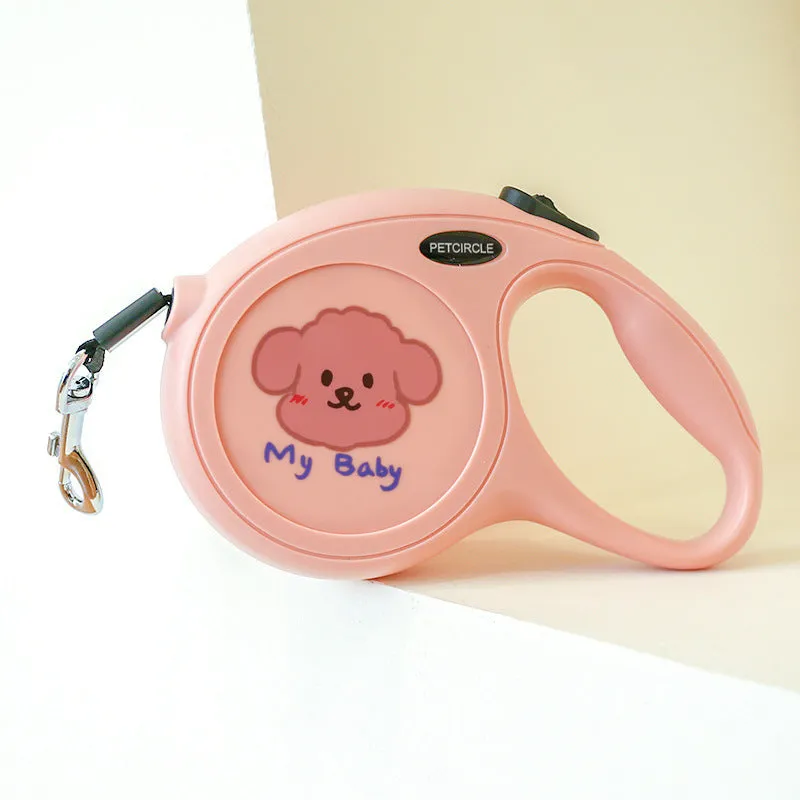 Plastic retractable dog leash 5 metres long cartoon design in blue, pink, and yellow colours