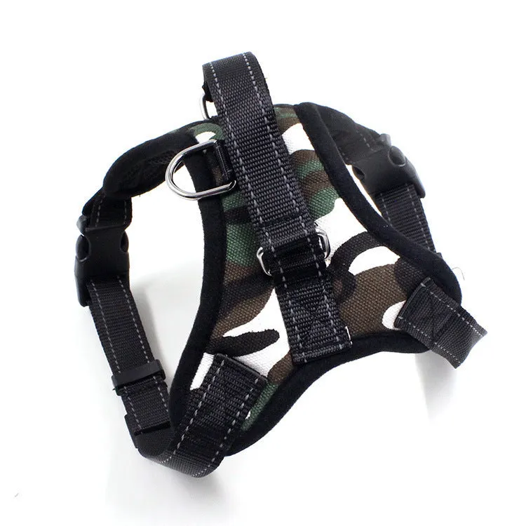 Blue nylon dog chest harness with reflective strips and sponge cushion on a small dog model