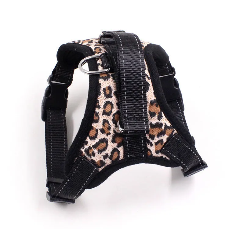 Blue nylon dog chest harness with reflective strips and sponge cushion on a small dog model
