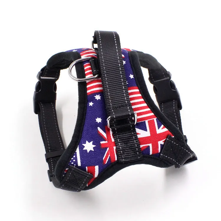 Blue nylon dog chest harness with reflective strips and sponge cushion on a small dog model