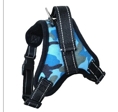 Blue nylon dog chest harness with reflective strips and sponge cushion on a small dog model