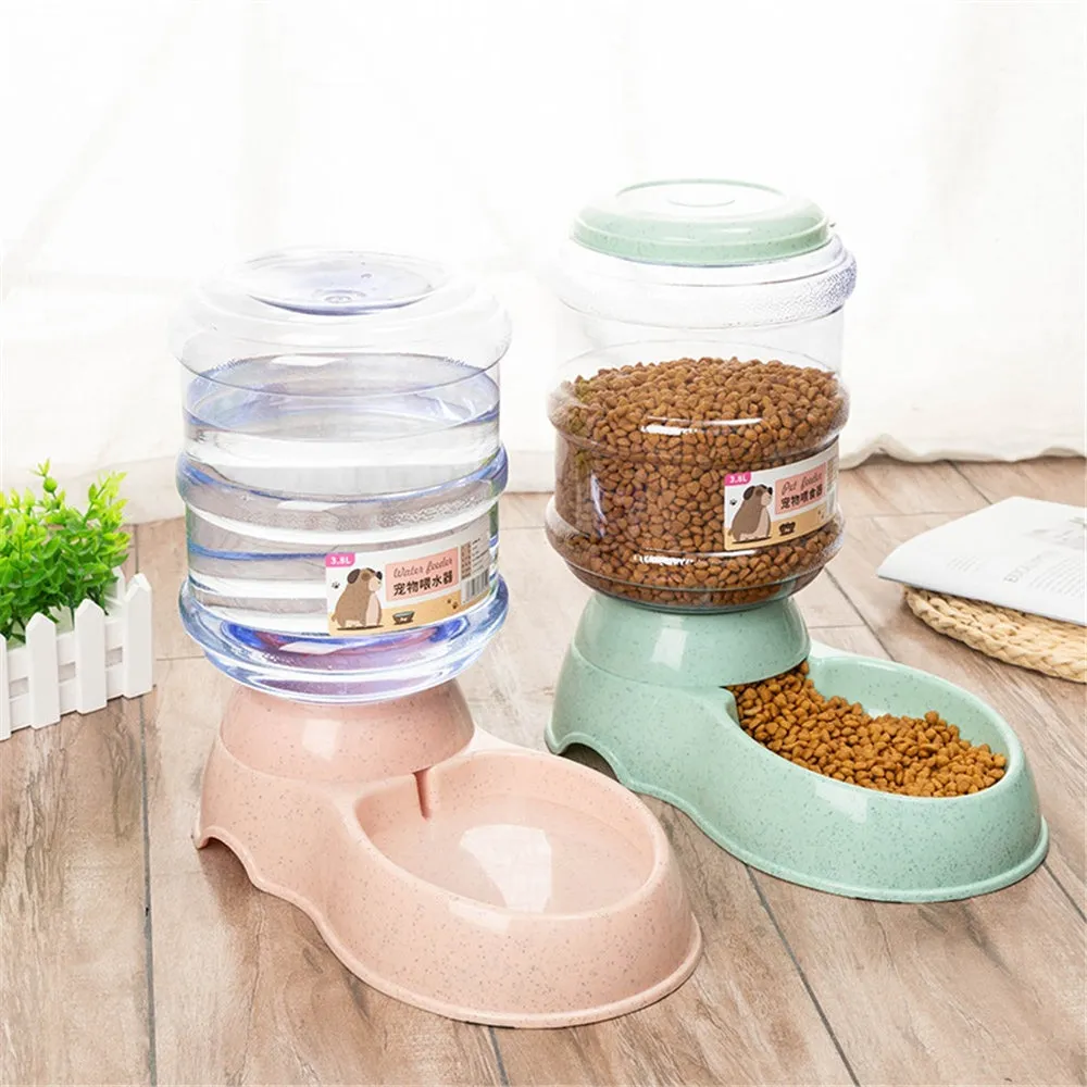 Automatic pet feeder and drinker combo set with plastic feeding trough and drinking trough for cats and dogs