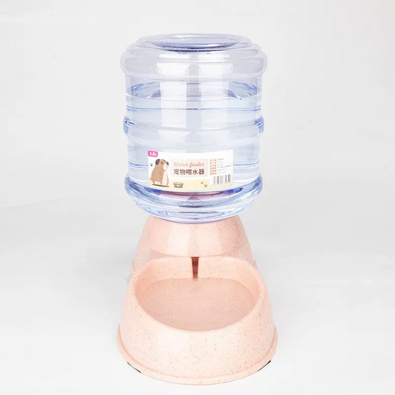 Automatic pet feeder and drinker combo set with plastic feeding trough and drinking trough for cats and dogs