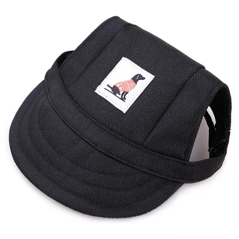 Pet dog baseball hat in black polyester on a small dog, with brim for sun shade, size S