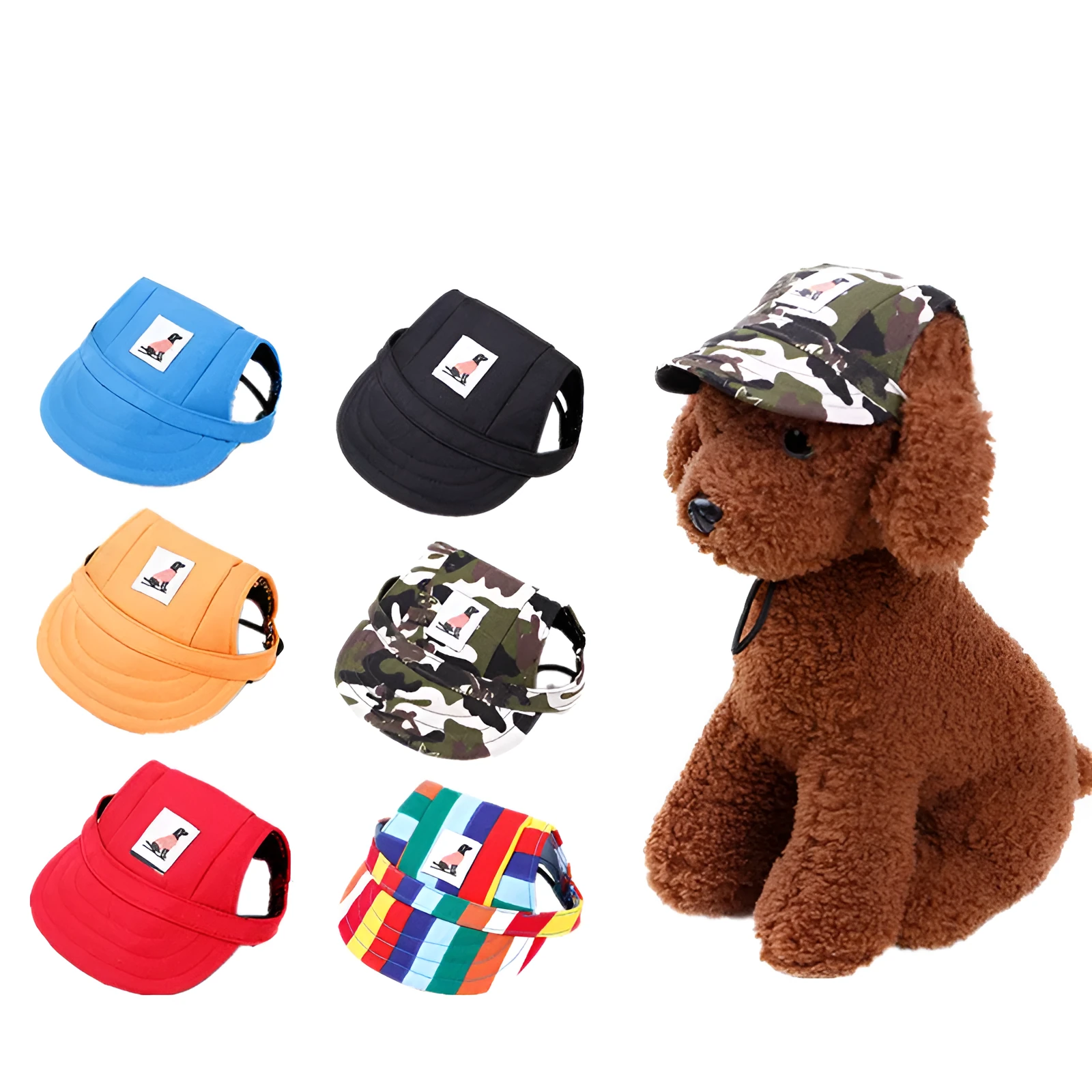 Pet dog baseball hat in black polyester on a small dog, with brim for sun shade, size S