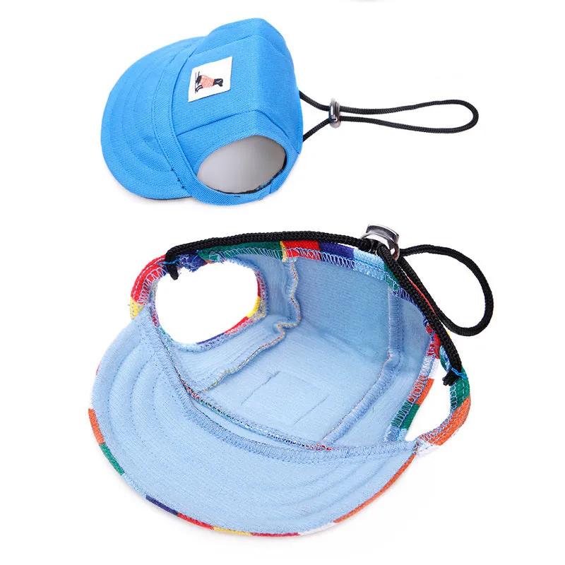 Pet dog baseball hat in black polyester on a small dog, with brim for sun shade, size S