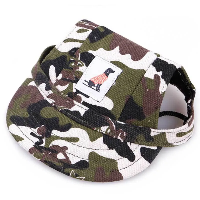 Pet dog baseball hat in black polyester on a small dog, with brim for sun shade, size S