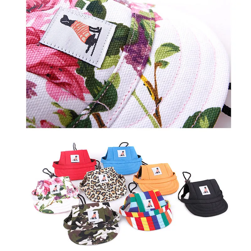 Pet dog baseball hat in black polyester on a small dog, with brim for sun shade, size S