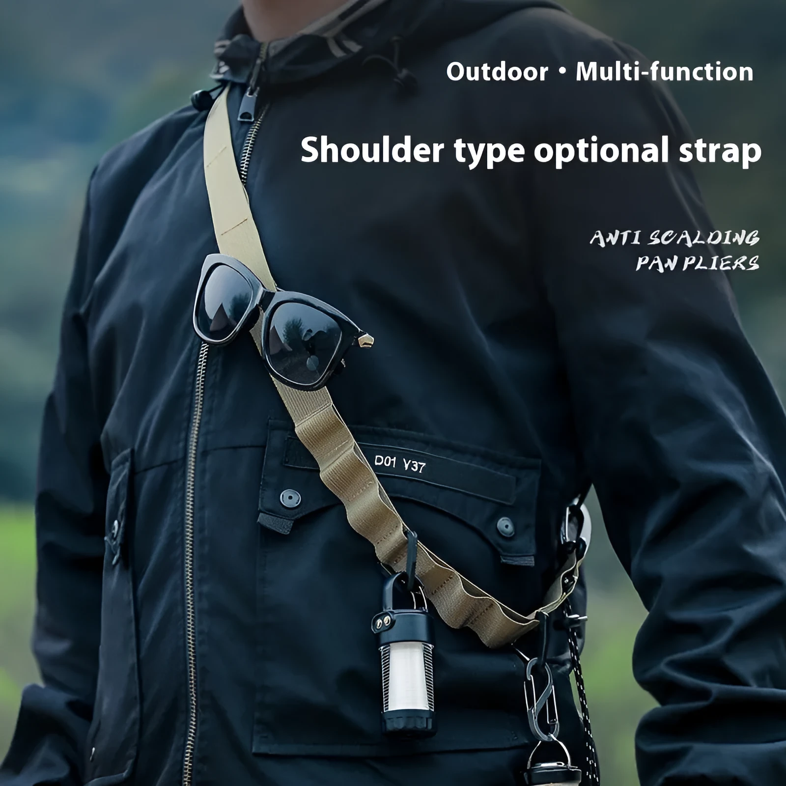 Black multifunctional hanging rope storage belt extended to show its 130 cm length