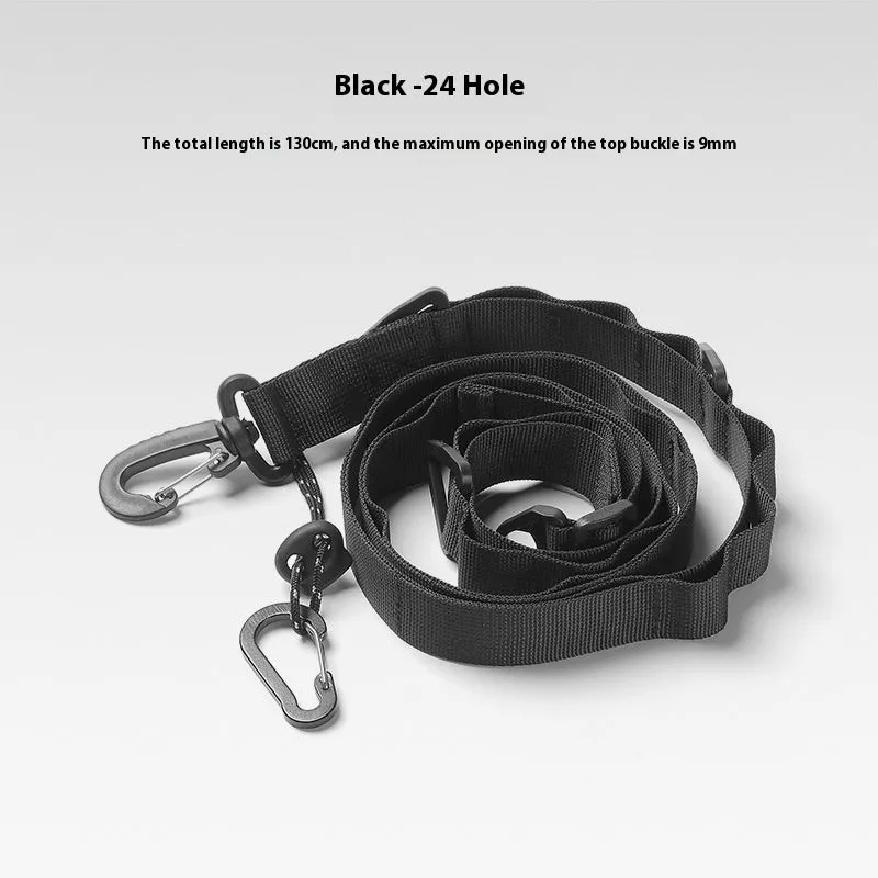 Black multifunctional hanging rope storage belt extended to show its 130 cm length