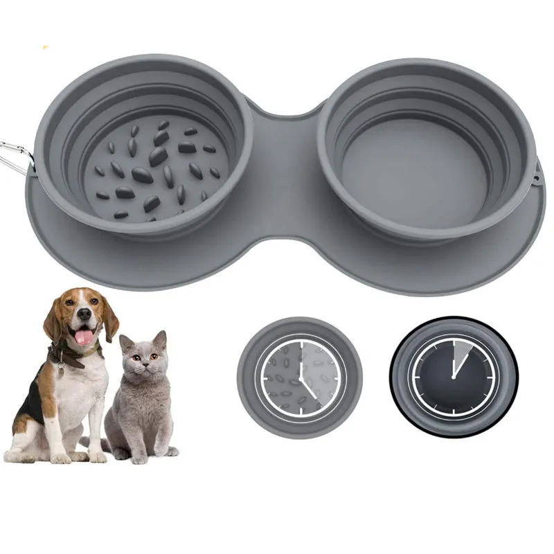 Grey silicone slow food anti-choke dog bowl with foldable design and suction base