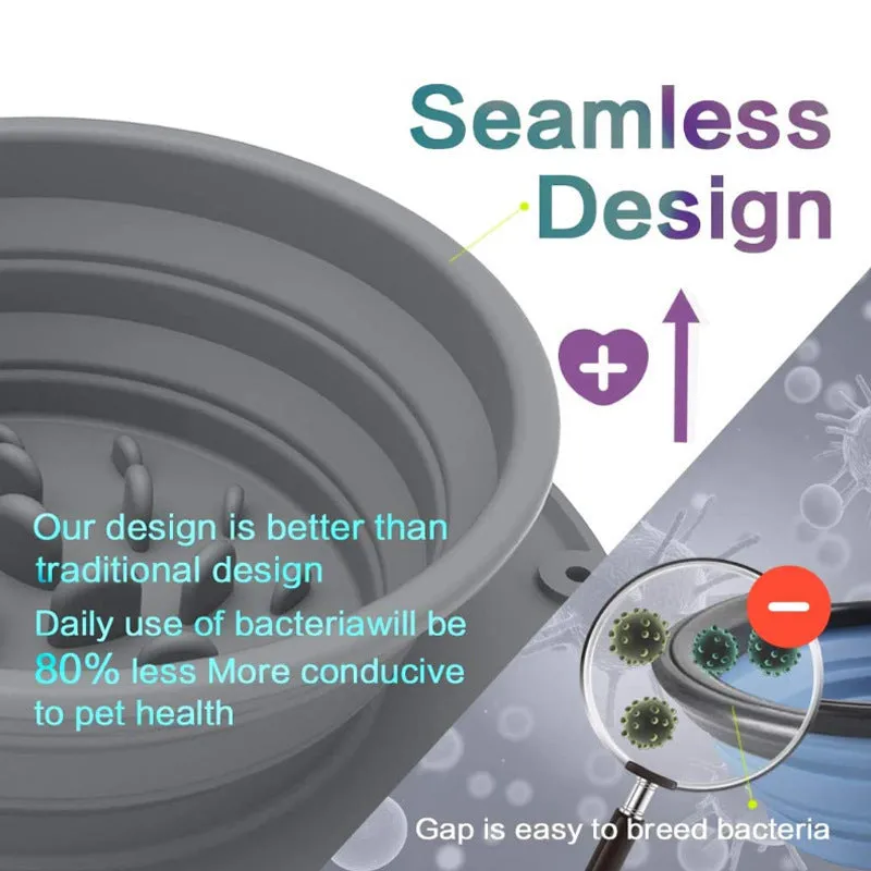 Grey silicone slow food anti-choke dog bowl with foldable design and suction base