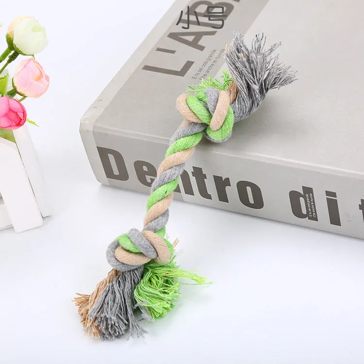Cotton rope dog toy in medium size with braided texture, available in green, light blue, navy blue, pink, and yellow