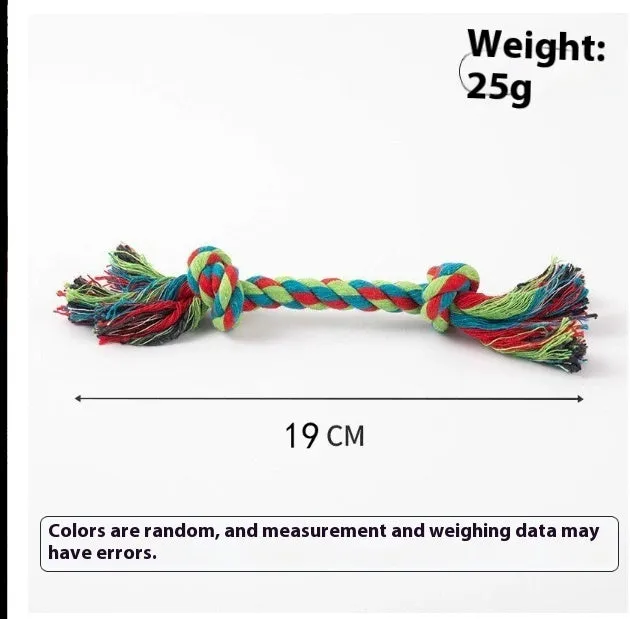 Cotton rope dog toy in medium size with braided texture, available in green, light blue, navy blue, pink, and yellow