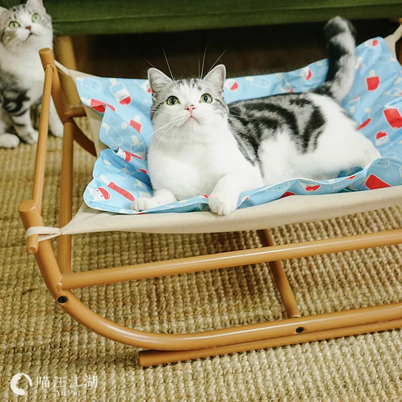 Iron cat hammock pet sofa bed in milk tea colour on a white background, semicircle design