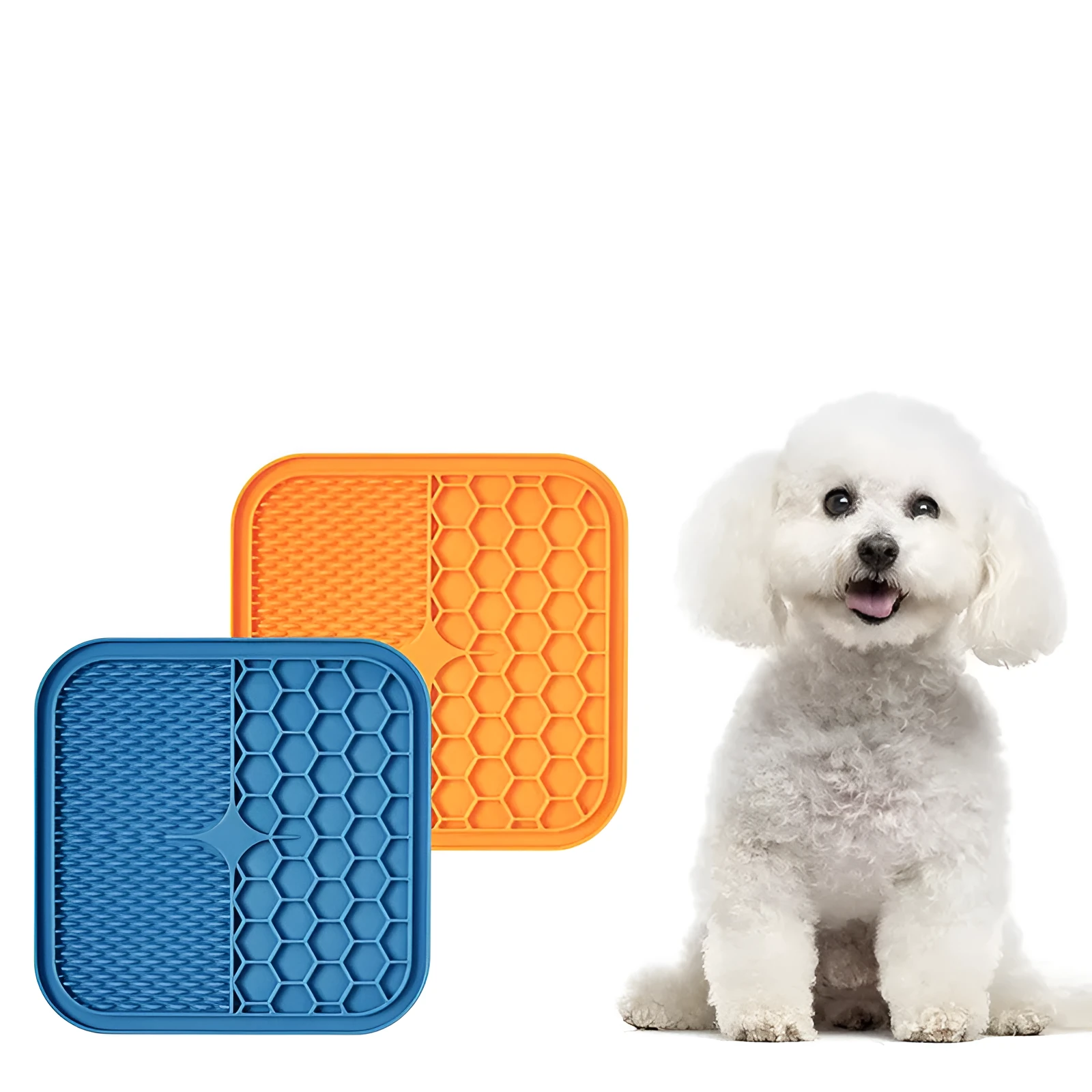 Blue silicone suction cup licking pad for dogs with grooved slow-feeding surface on a tile floor