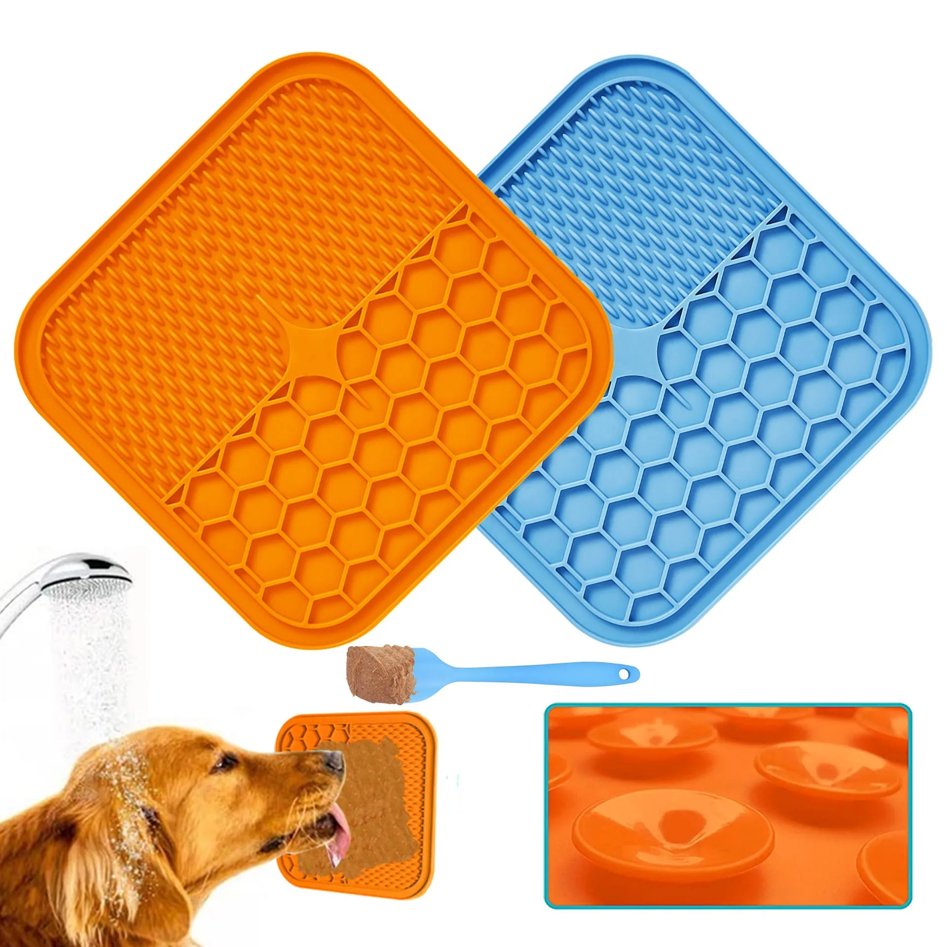 Blue silicone suction cup licking pad for dogs with grooved slow-feeding surface on a tile floor