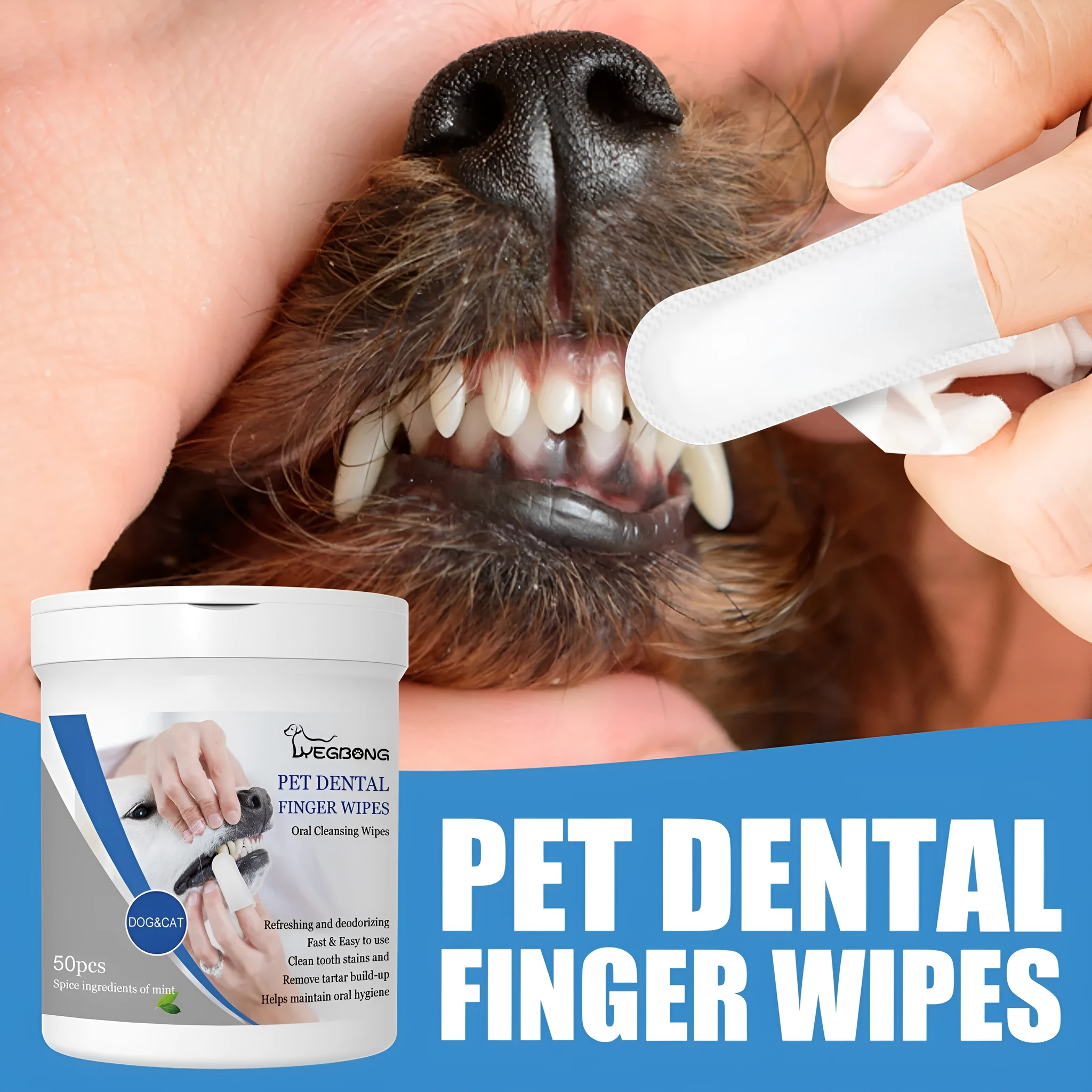 Can of 50 pet teeth cleaning finger wipes with finger stall for dog dental care