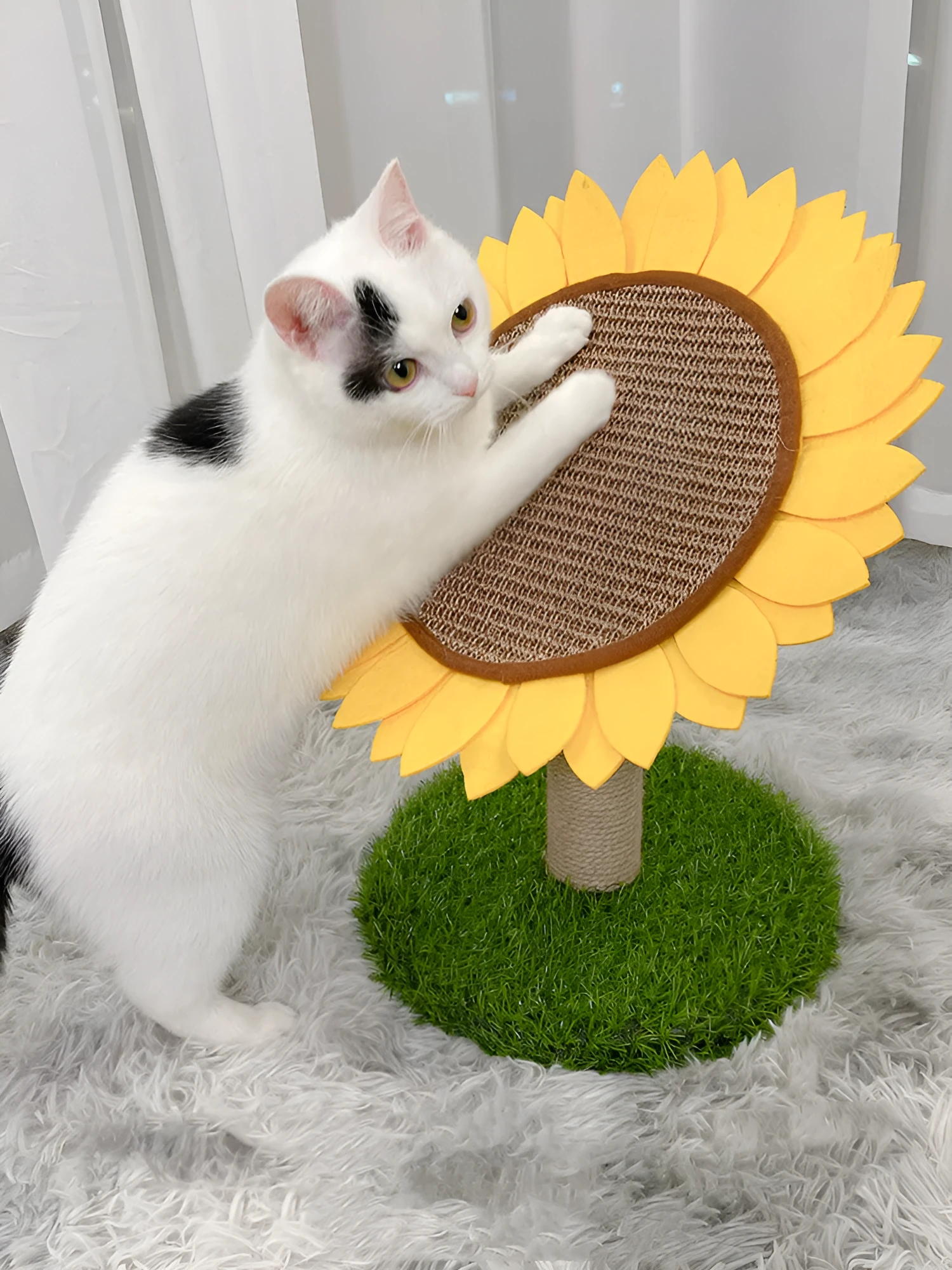Large cat vertical scratching board with nest house in imitated lawn sunflower colour, made from natural sisal and composite board