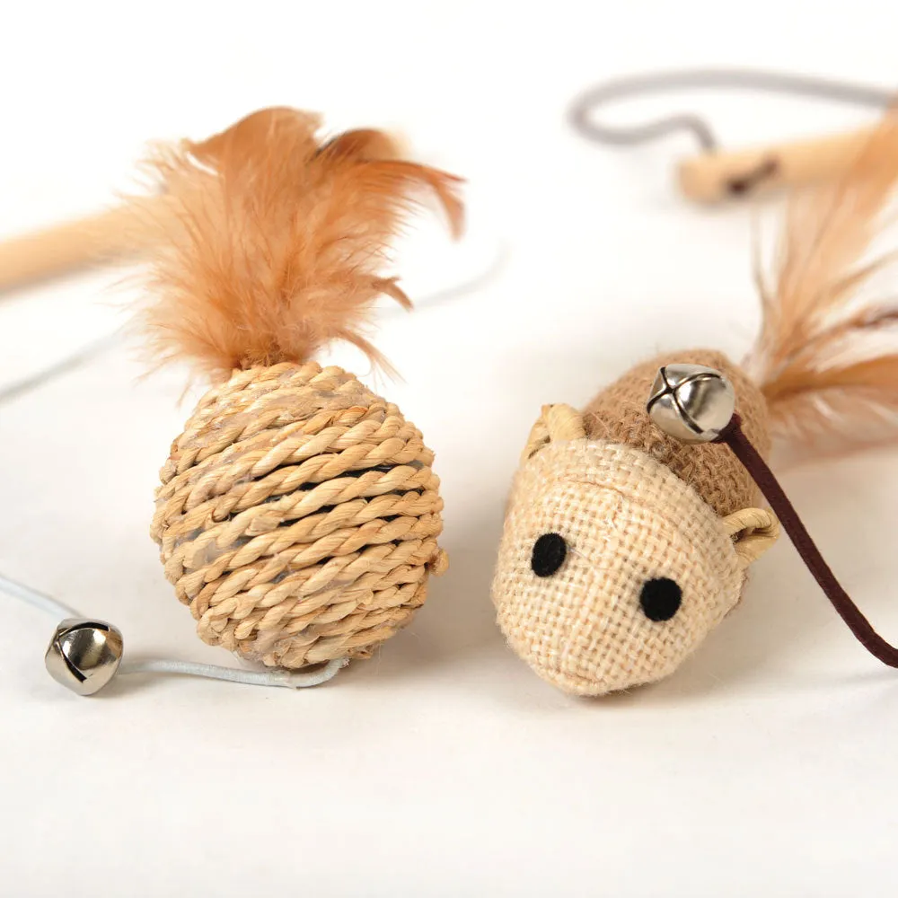 Wooden funny cat stick toy with bell and big feather attachment for interactive cat play
