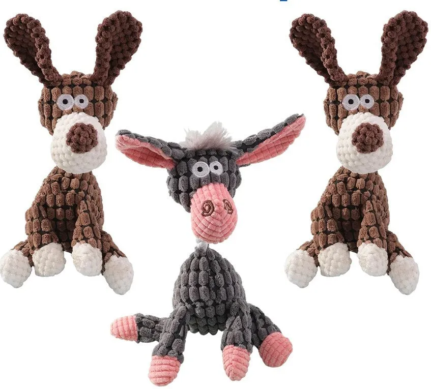 Pink donkey plush dog toy with scrunch and squeak features for interactive play