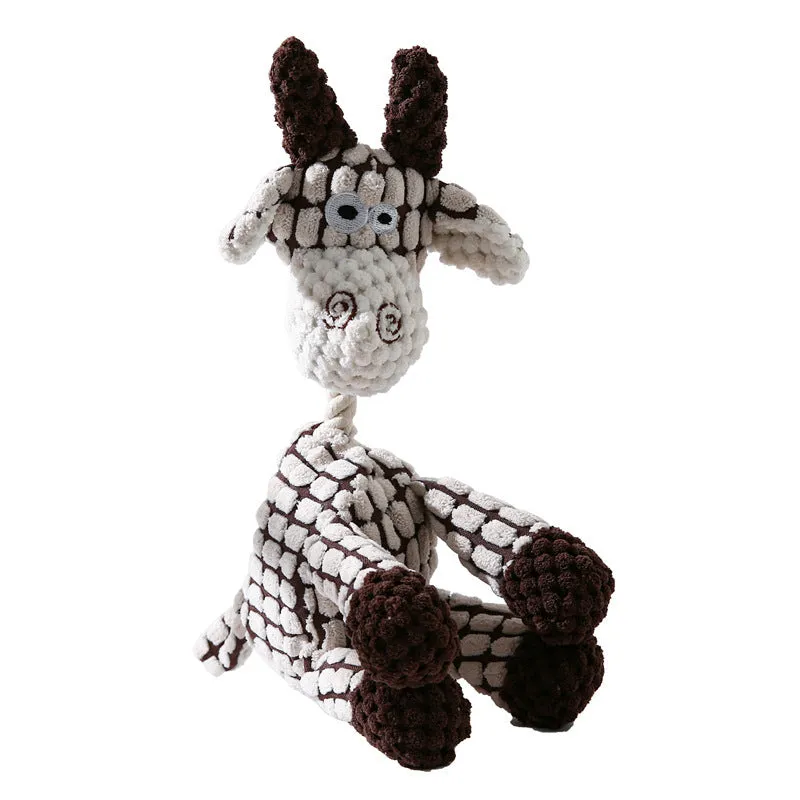 Pink donkey plush dog toy with scrunch and squeak features for interactive play