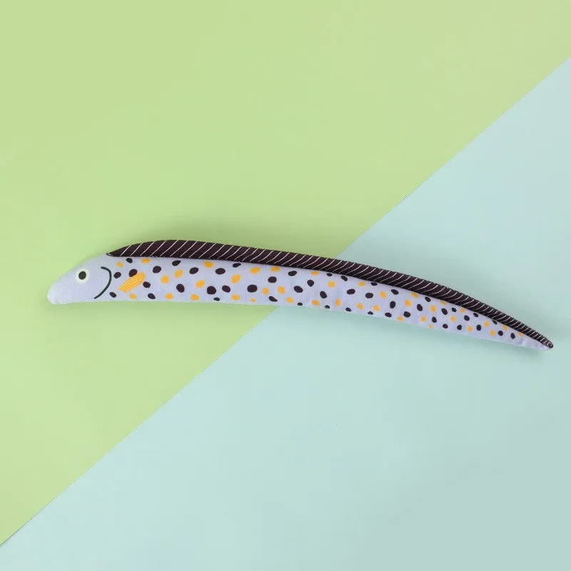 Canvas cat toy shaped like a mint fish in green eel colour on a light background