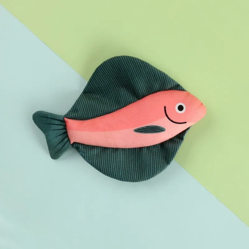 Canvas cat toy shaped like a mint fish in green eel colour on a light background