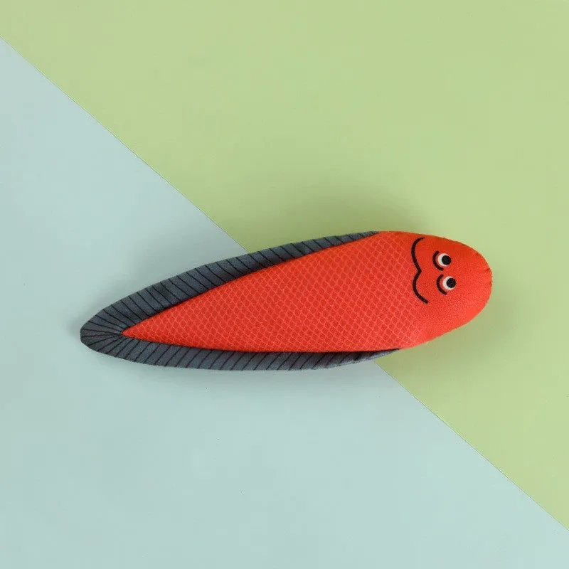 Canvas cat toy shaped like a mint fish in green eel colour on a light background