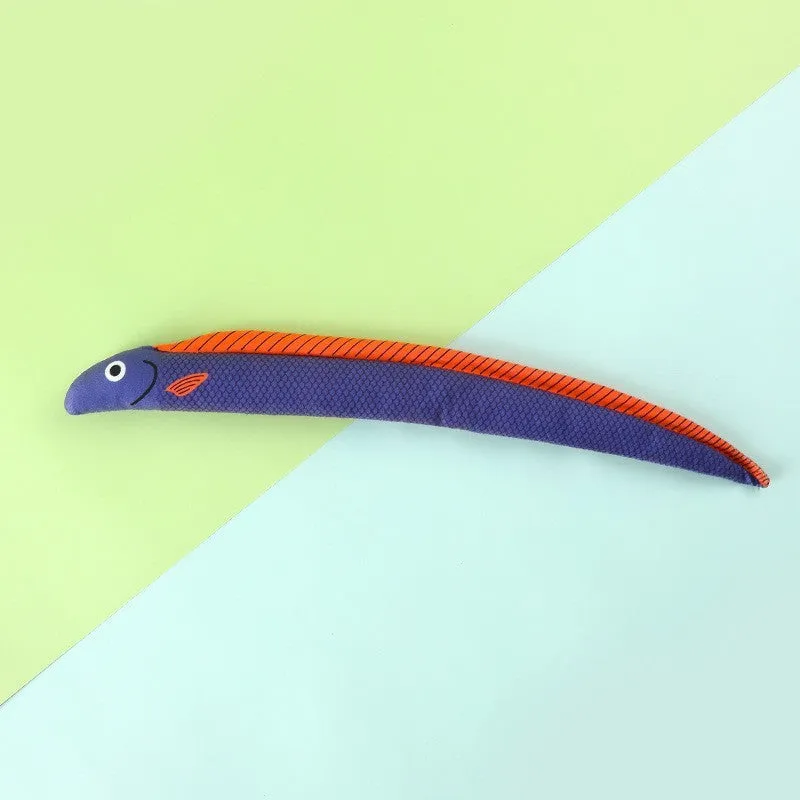 Canvas cat toy shaped like a mint fish in green eel colour on a light background