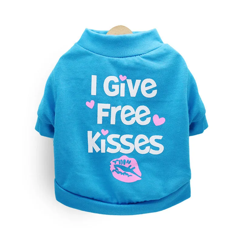 Kiss printed cotton jersey T-shirt for small dogs in blue sitting on a white background
