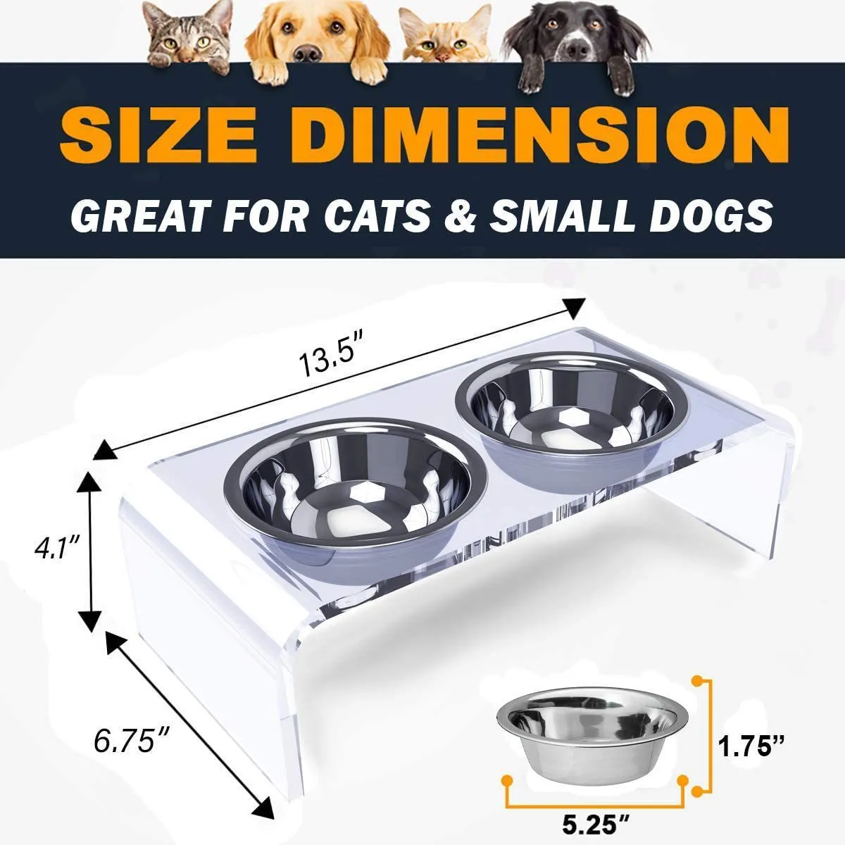 Transparent acrylic pet feeder rack for small dogs and cats, 39.5x18x10cm, on a tile floor