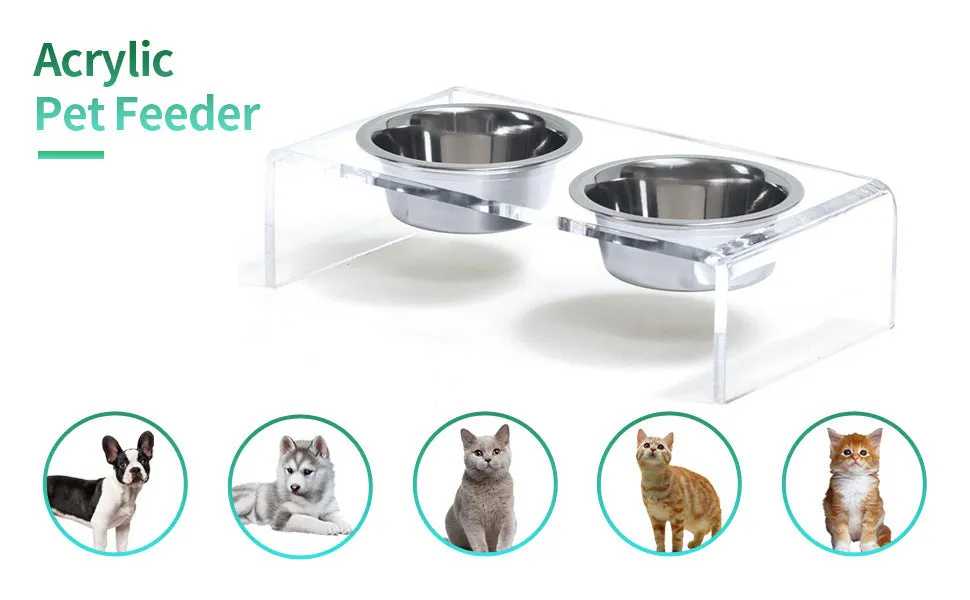 Transparent acrylic pet feeder rack for small dogs and cats, 39.5x18x10cm, on a tile floor