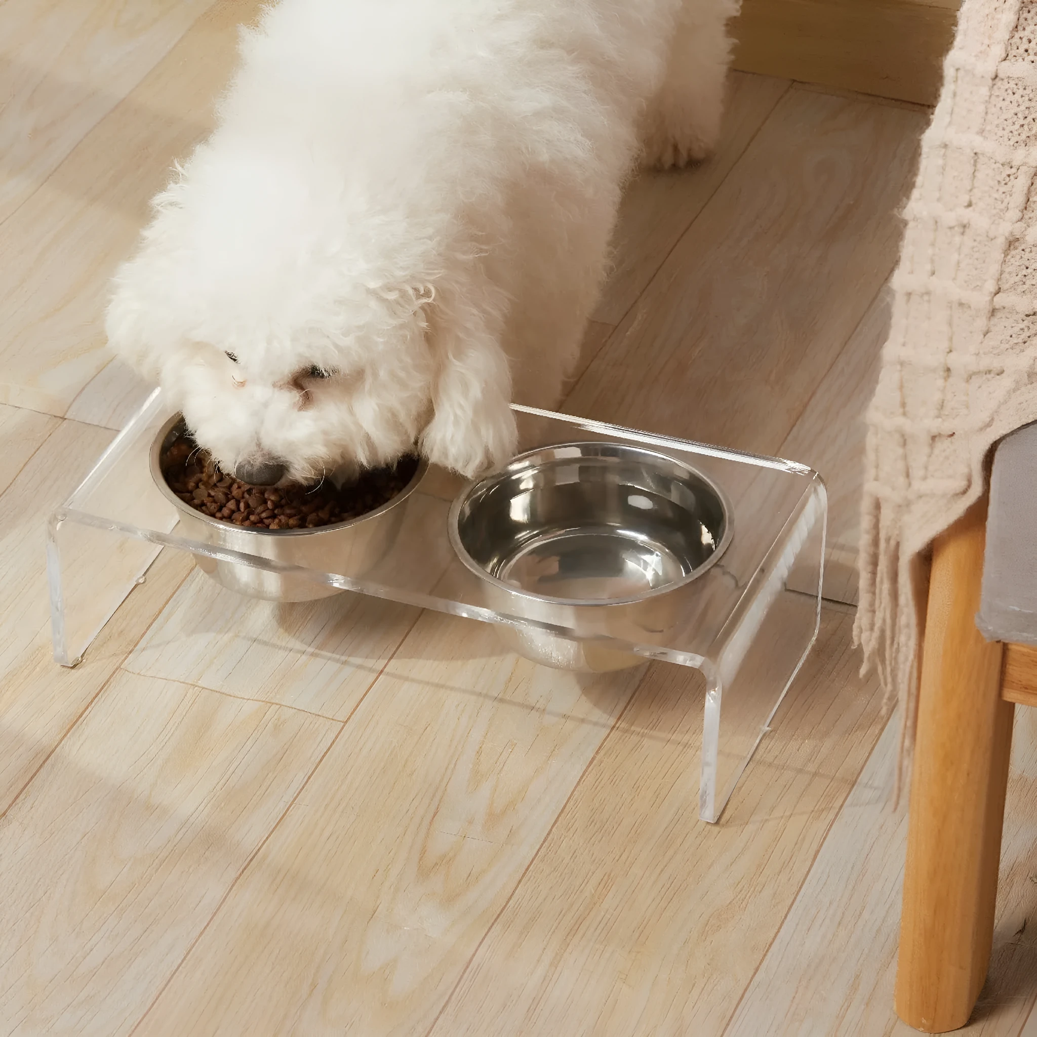 Transparent acrylic pet feeder rack for small dogs and cats, 39.5x18x10cm, on a tile floor