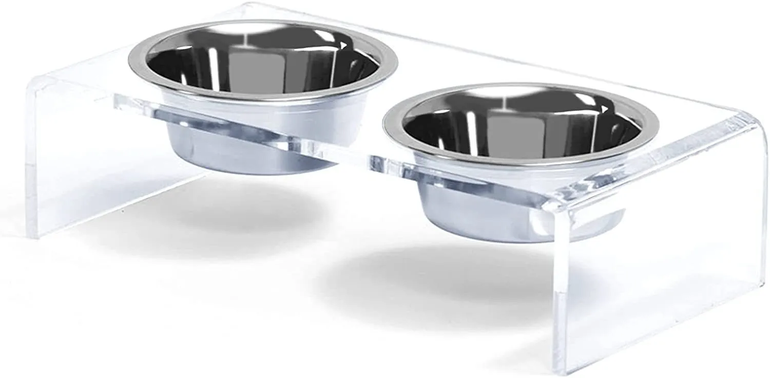 Transparent acrylic pet feeder rack for small dogs and cats, 39.5x18x10cm, on a tile floor