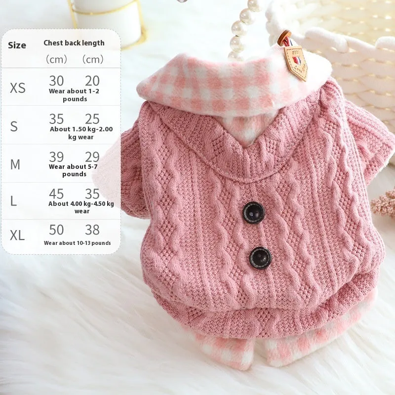 Blue and pink plaid dog sweater with fleece lining and fake two-piece design in sizes XS to XL