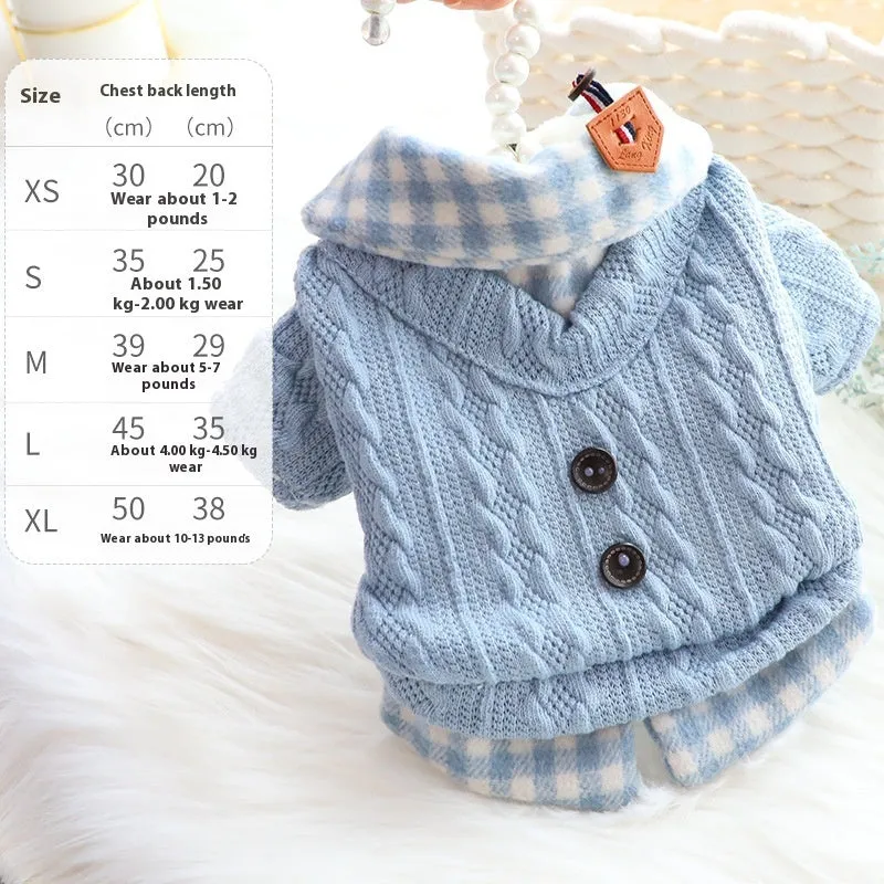 Blue and pink plaid dog sweater with fleece lining and fake two-piece design in sizes XS to XL