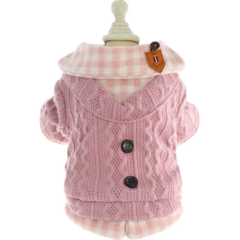 Blue and pink plaid dog sweater with fleece lining and fake two-piece design in sizes XS to XL